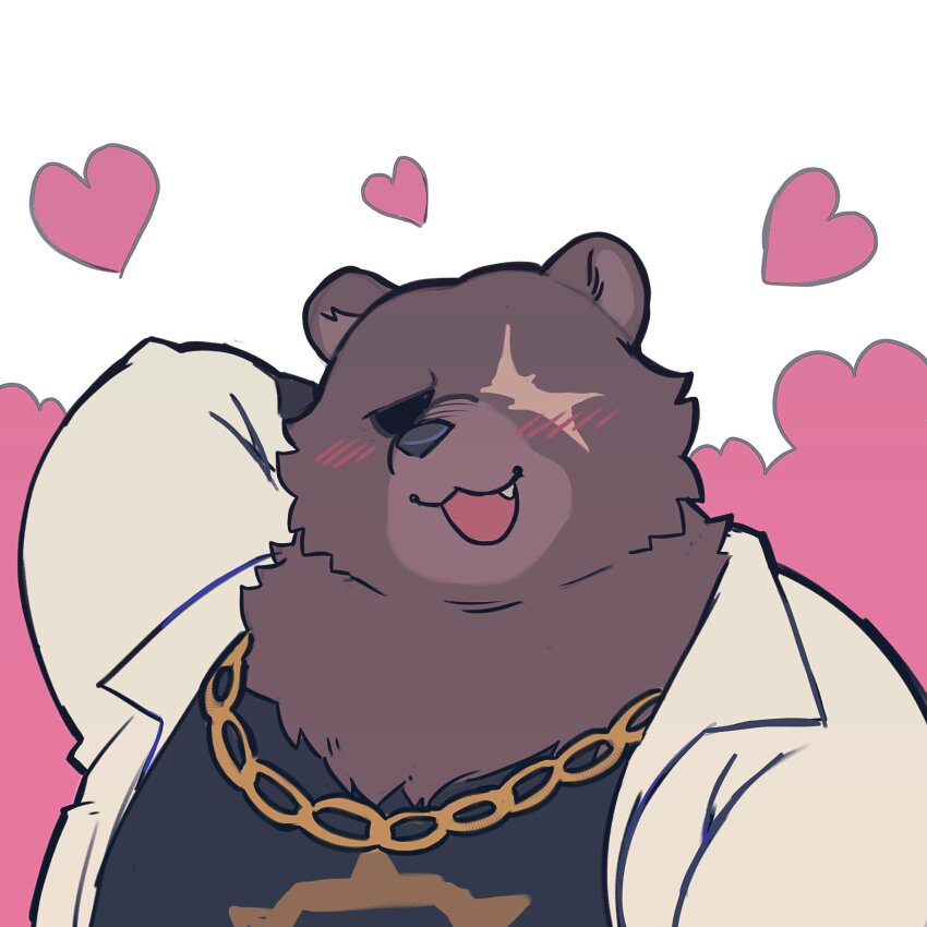 1boy ben_bigger black_tank_top blush brown_fur chain chain_necklace chibi commentary english_commentary furry furry_male heart highres jacket jewelry looking_at_viewer male_focus necklace open_mouth scar scar_across_eye scar_on_face smile starbuchi tank_top white_jacket zenless_zone_zero