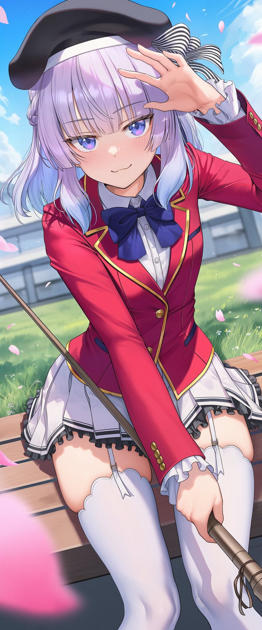 1girl advanced_nurturing_high_school_uniform arm_up artist_request bench black_hat blazer blue_bow blush bow braid cherry_blossoms closed_mouth collared_shirt dot_nose falling_petals female_focus flat_chest garter_belt garter_straps grass hat highres jacket juliet_sleeves kneehighs legs loli long_image long_sleeves looking_at_viewer medium_hair miniskirt outdoors petals pink_petals pleated_skirt puffy_long_sleeves puffy_sleeves purple_eyes purple_hair red_jacket sakayanagi_arisu sexually_suggestive shirt shirt_under_jacket sitting skirt smile socks solo solo_focus thick_thighs thighhighs thighs voidbunny white_garter_belt white_garter_straps white_shirt white_skirt white_thighhighs youkoso_jitsuryoku_shijou_shugi_no_kyoushitsu_e zettai_ryouiki