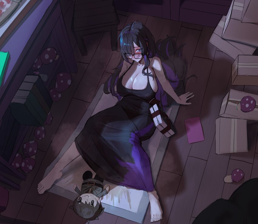 1girl absurdres barefoot black_dress black_hair blush book box breasts chair character_doll cleavage colored_inner_hair commander_(nikke) commentary_request doll dress full_body glasses goddess_of_victory:_nikke highres huge_breasts implied_after_masturbation indoors kaba_(hama) label_(nikke) long_hair multicolored_hair mushroom nervous_smile pubic_hair purple_dress purple_eyes purple_hair pussy_juice smile solo stray_pubic_hair two-tone_dress two-tone_hair