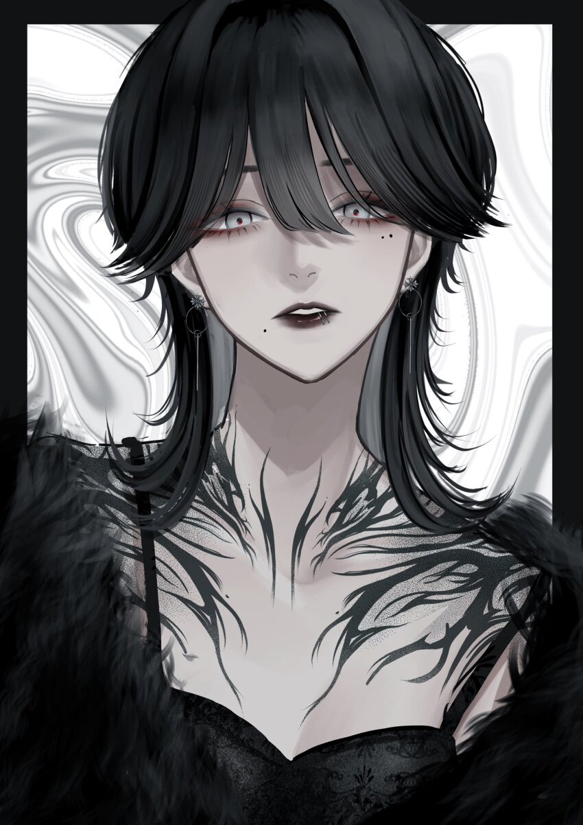 1girl black_border black_hair black_lips border breasts chest_tattoo cleavage earrings eyelashes face_piercing fur_trim grey_eyes highres itsuki_illust jewelry lip_piercing lip_ring looking_at_viewer mole mole_under_eye mole_under_mouth multiple_moles piercing short_hair tattoo