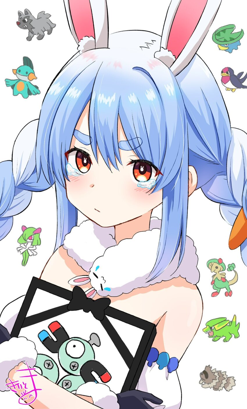 1girl animal_ear_fluff animal_ears bare_shoulders black_gloves blue_hair braid breloom carrot_hair_ornament closed_mouth commentary_request crossover detached_sleeves don-chan_(usada_pekora) food-themed_hair_ornament fur-trimmed_gloves fur_trim gen_1_pokemon gen_3_pokemon gloves hair_between_eyes hair_ornament highres hololive hugging_object iei kiritoma kirlia looking_at_viewer lotad magneton marshtomp multicolored_hair nintendo orange_eyes pokemon pokemon_(creature) poochyena puffy_short_sleeves puffy_sleeves rabbit-shaped_pupils rabbit_ears short_eyebrows short_sleeves signature simple_background symbol-shaped_pupils taillow tears thick_eyebrows twin_braids twintails two-tone_hair upper_body usada_pekora usada_pekora_(1st_costume) virtual_youtuber white_background white_hair white_sleeves zigzagoon
