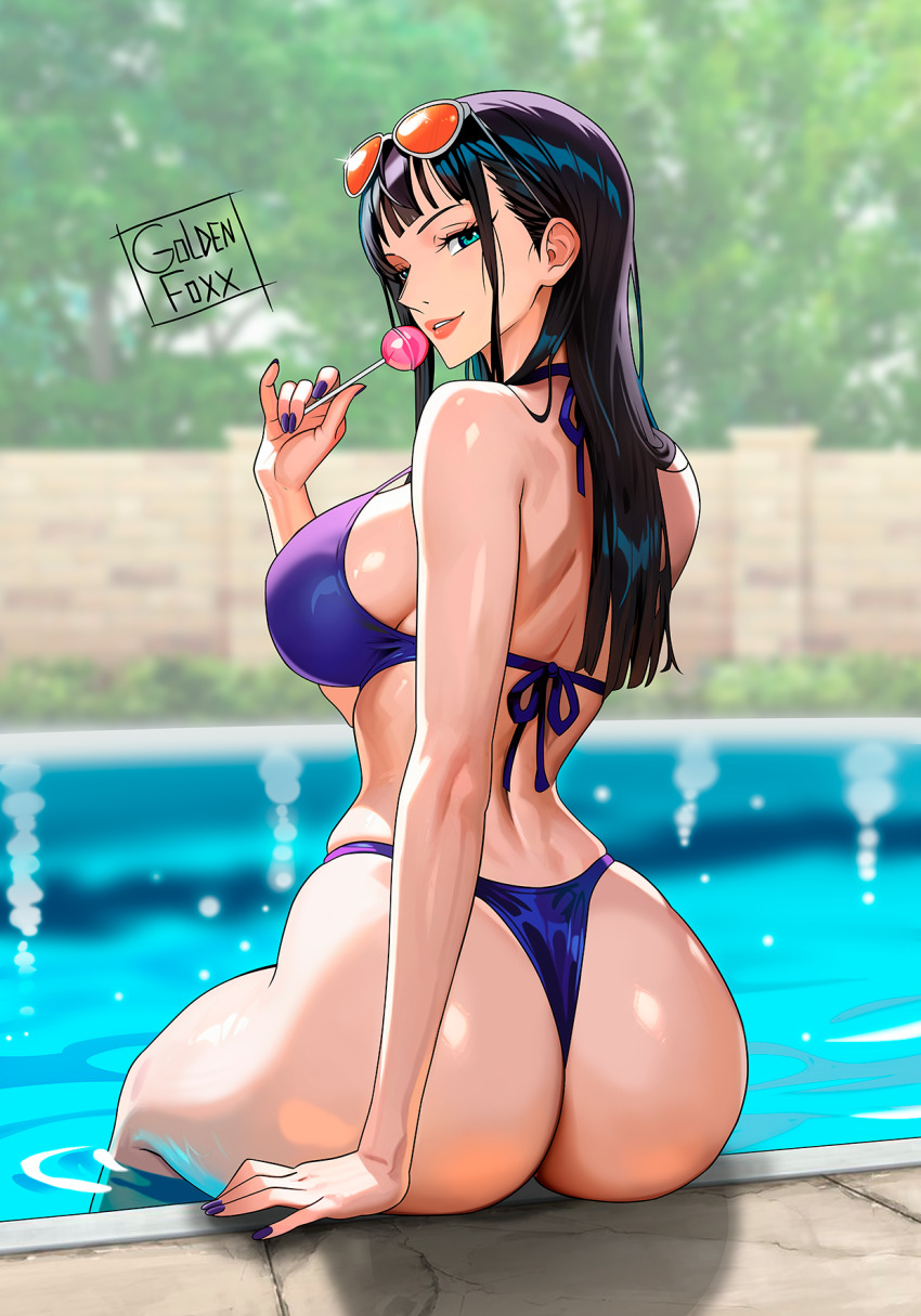 1girl ass bikini breasts goldenfoxx huge_breasts long_hair nico_robin one_piece swimsuit