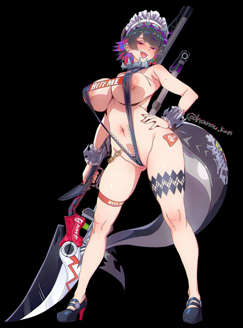 1girl :d alternate_breast_size_(larger) artist_name black_background black_hair black_slingshot_swimsuit breasts cameltoe colored_inner_hair commentary commission ellen_joe english_commentary fins fish_tail full_body half-closed_eyes high_heels highres holding holding_weapon housou-kun large_breasts leg_tattoo looking_at_viewer maid_headdress mole mole_on_arm multicolored_hair nail_polish navel open_mouth red_eyes red_nails shark_girl shark_tail short_hair simple_background skindentation slingshot_swimsuit smile solo swimsuit tail tattoo twitter_username weapon wide_hips zenless_zone_zero