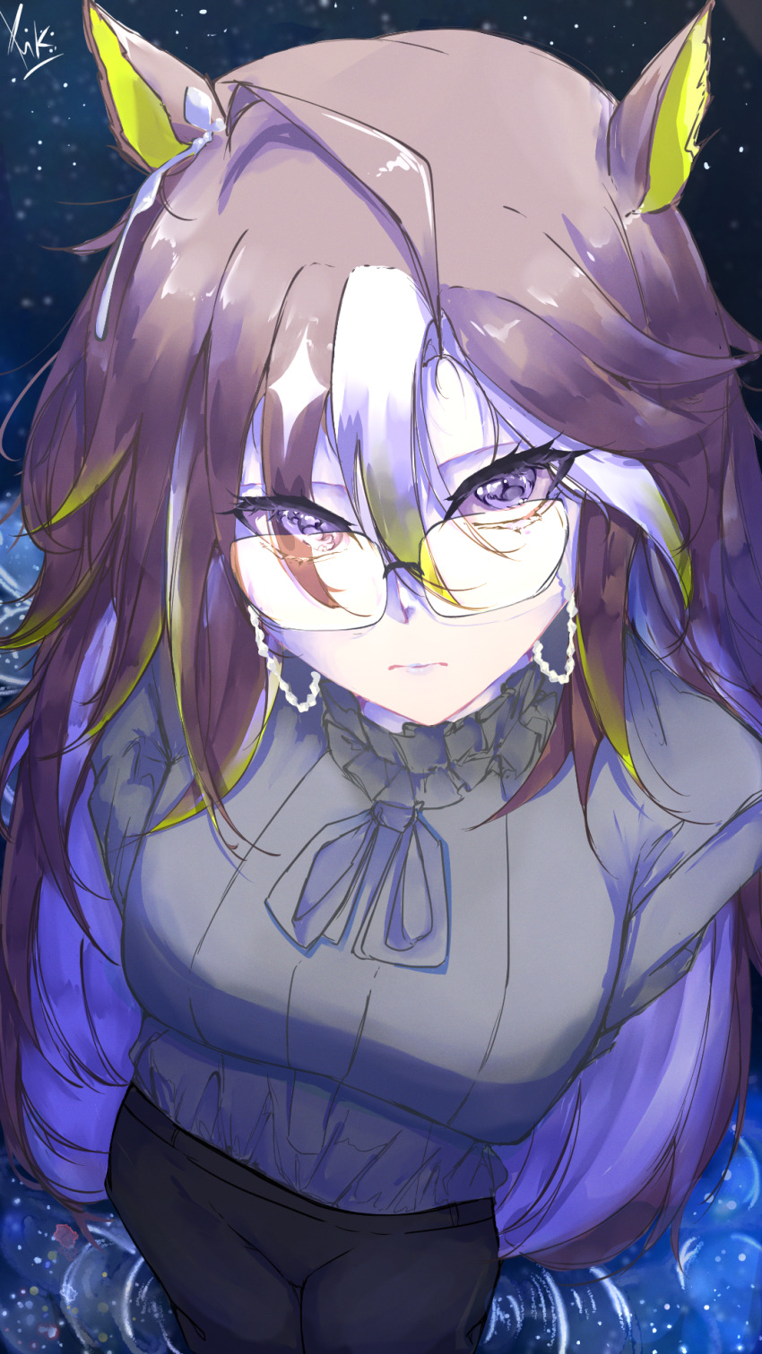 1girl ahoge animal_ears black_pants blue_eyes breasts brown_hair closed_mouth dream_journey_(casual)_(umamusume) dream_journey_(umamusume) eyewear_strap glasses grey_shirt hair_between_eyes highres horse_ears horse_girl long_hair long_sleeves looking_at_viewer medium_breasts multicolored_hair non-web_source pants piki479 shirt solo source_request streaked_hair umamusume white_hair