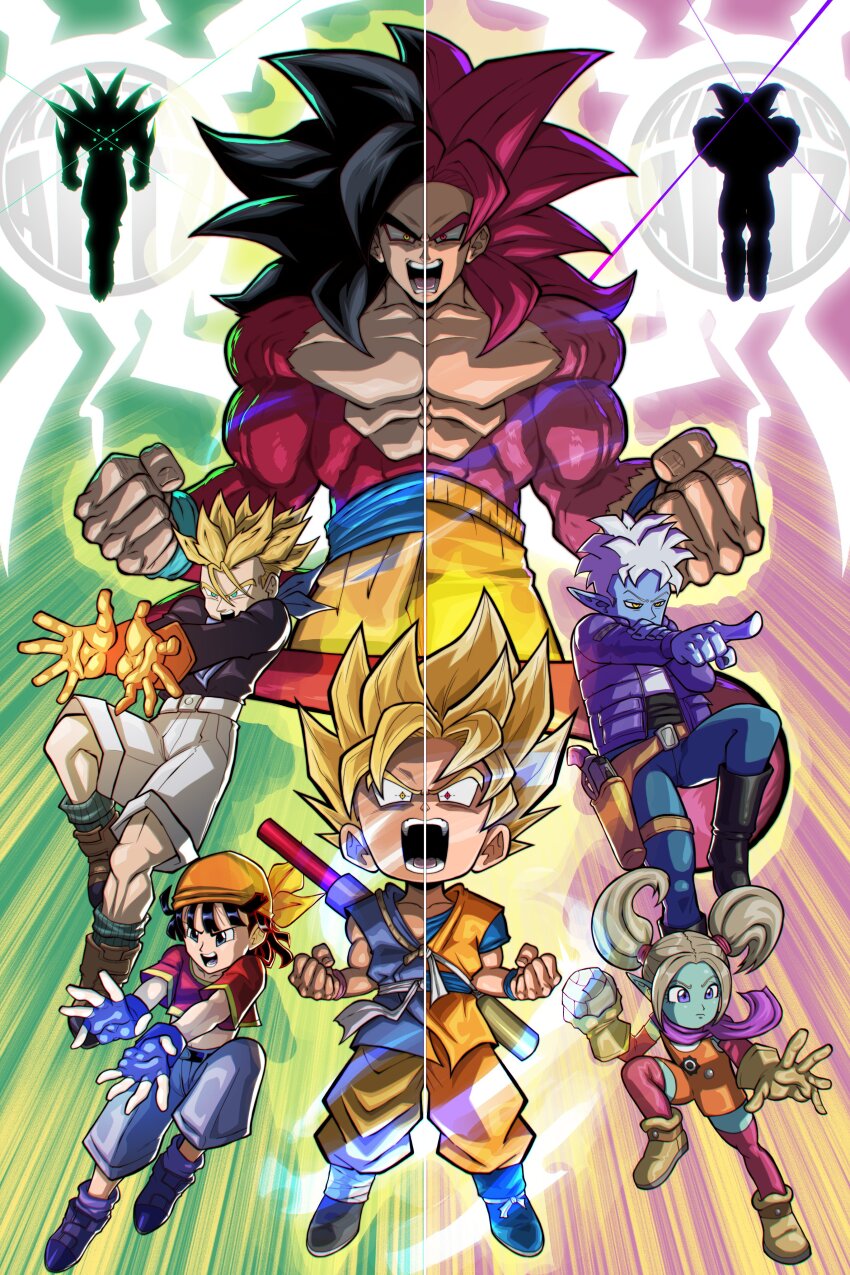 absurdres bandana belt black_hair blonde_hair blue_skin brown_hair child colored_skin commentary crossover dragon_ball dragon_ball_daima dragon_ball_gt english_commentary glorio_(dragon_ball) gloves gomah_(dragon_ball) green_background green_skin highres kineticartz long_hair omega_shenron open_mouth pan_(dragon_ball) pansy_(dragon_ball_daima) pointing pointy_ears red_background red_fur red_hair side-by-side silhouette son_goku sparkle sparkling_aura super_saiyan super_saiyan_4 trunks_(dragon_ball) twintails white_hair