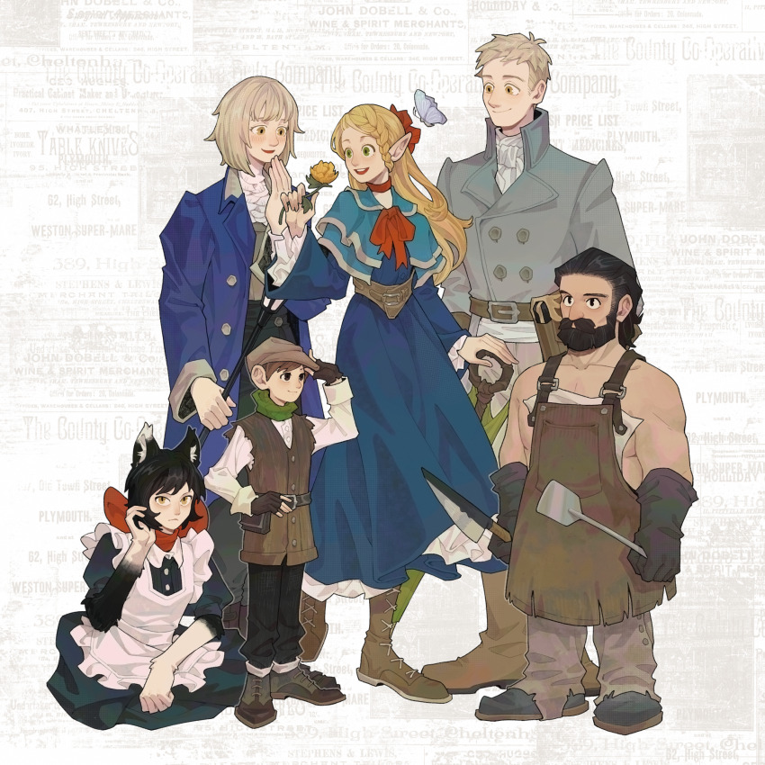 3boys 3girls alternate_costume apron beard blacksmith boots chilchuck_tims contemporary dungeon_meshi dwarf elf enmaided facial_hair falin_touden falin_touden_(tallman) flower full_body gloves happy height_difference highres holding holding_flower izutsumi laios_touden large_pectorals long_beard maid marcille_donato multiple_boys multiple_girls mustache null1399 pectorals pointy_ears senshi_(dungeon_meshi) sidepec smile standing thick_mustache