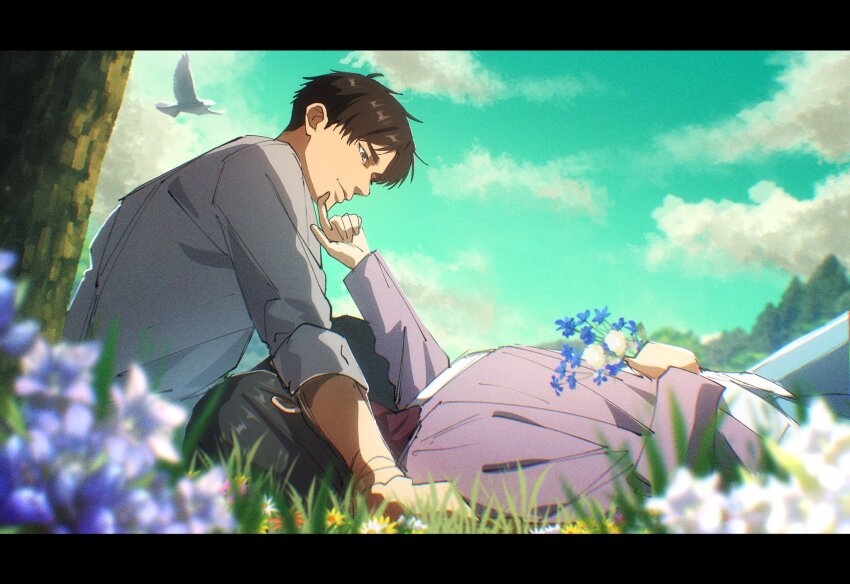 1boy 1girl 35ohama_yu bird black_hair blue_flower blue_sky brown_hair cardigan closed_mouth cloud cloudy_sky commentary_request eren_yeager flower from_side grass grey_shirt highres looking_at_another lying mikasa_ackerman on_back open_cardigan open_clothes outdoors pink_cardigan profile purple_flower red_scarf scarf shingeki_no_kyojin shirt short_hair sitting sky smile tree under_tree