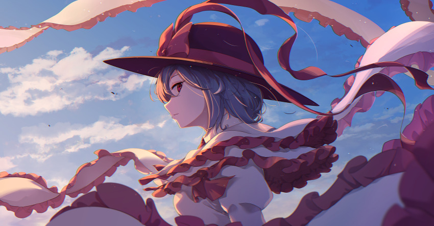 1girl absurdres black_hat blue_hair blue_sky bow capelet cloud commentary day frilled_capelet frilled_shawl frills hagoromo hat hat_bow highres looking_at_viewer medium_hair nagae_iku red_bow red_eyes shawl shirt sky solo tami_(joemanyodw) touhou white_shawl white_shirt