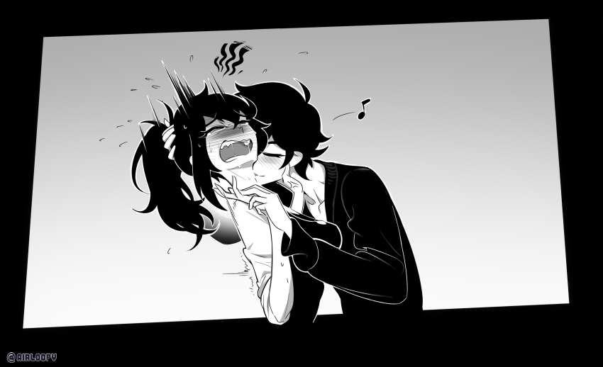 1boy 1girl absurdres aierlaobo andrew_graves black_hair black_sweater black_vest blush closed_eyes collarbone dress_shirt greyscale highres incest jewelry kiss kissing_neck messy_hair moaning monochrome mother_and_son necklace open_collar open_mouth renee_graves saliva saliva_trail shirt short_hair sleeves_rolled_up sweater sweater_vest the_coffin_of_andy_and_leyley vest