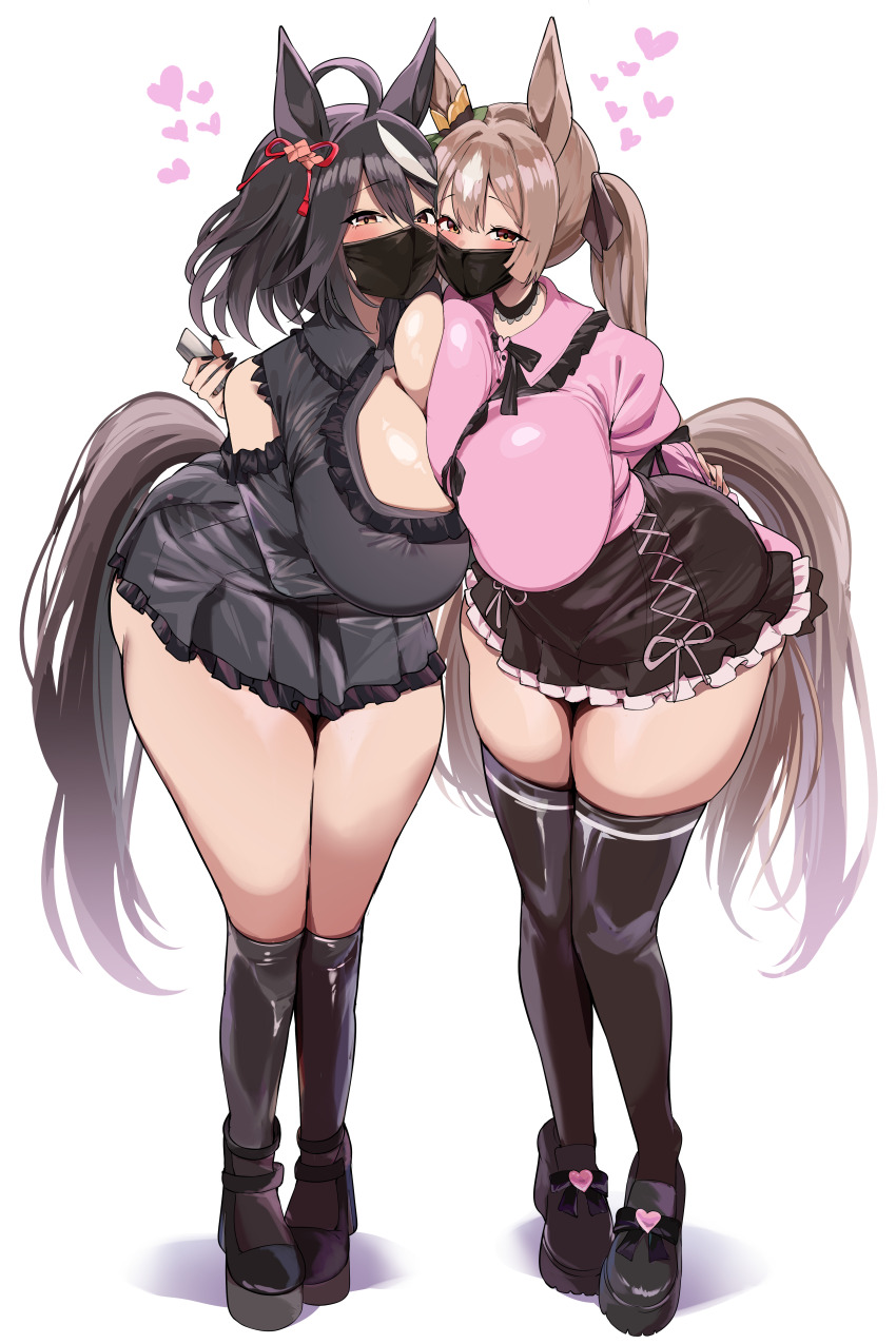 2girls absurdres animal_ears breast_press breasts cleavage commentary_request highres horse_ears horse_girl horse_tail jirai_kei kitasan_black_(umamusume) large_breasts looking_at_viewer multiple_girls ribbon satono_diamond_(umamusume) smoke_klll symmetrical_docking tail umamusume