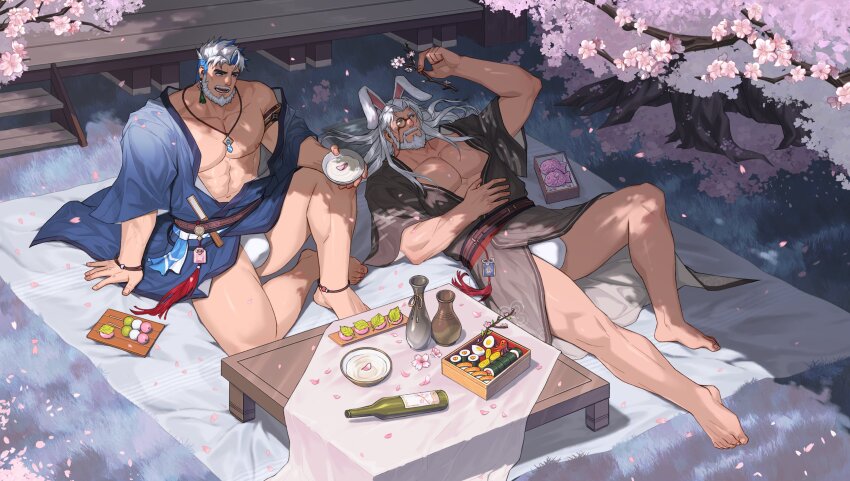 2boys abs absurdres animal_ears bara bare_pectorals beard bottle bulge cherry_blossoms commentary_request couple cup facial_hair food food_request from_above full_beard full_body fundoshi highres holding holding_cup huge_pectorals japanese_clothes jewelry kimono large_pectorals long_hair lying male_focus mature_male multicolored_hair multiple_boys muscular muscular_male navel necklace nipples old old_man on_back open_clothes open_kimono original pectorals rabbit_ears round_eyewear sakazuki sake_bottle second-party_source streaked_hair sushi table thick_beard thick_eyebrows thick_thighs thighs white_hair yaoi zhuganchangjiadan