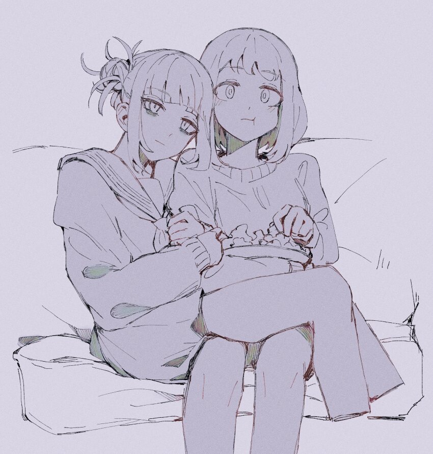 2girls absurdres arm_hug boku_no_hero_academia chewing closed_mouth commentary double_bun food greyscale hair_bun hashtag-only_commentary highres looking_at_viewer medium_hair monochrome multiple_girls popcorn school_uniform serafuku sitting sitting_on_lap sitting_on_person sweater toga_himiko uraraka_ochako xenoee yuri