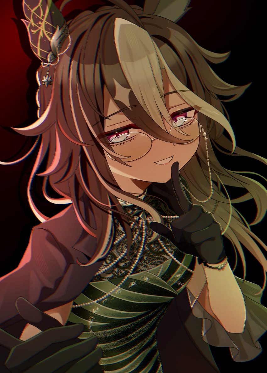 1girl absurdres animal_ears black_background black_gloves black_jacket blue_eyes breasts brown_hair commentary_request dream_journey_(a_dreamy_invitation)_(umamusume) dream_journey_(umamusume) dress ear_covers eyewear_strap glasses gloves hair_between_eyes highres horse_ears horse_girl jacket jacket_on_shoulders kaoru_(h8qm9) long_hair looking_at_viewer multicolored_hair open_clothes open_jacket open_mouth simple_background single_ear_cover smile solo umamusume white_hair