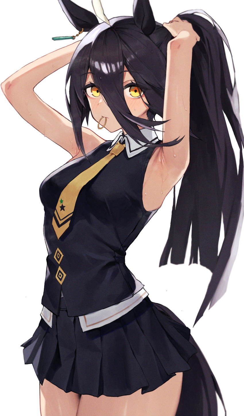1girl absurdres ahoge animal_ears armpits bare_shoulders black_hair black_shirt black_skirt blush breasts collared_shirt commentary ear_tag earrings hair_between_eyes hair_tie hair_tie_in_mouth highres horse_ears horse_girl horse_tail jewelry leste_(humansequencer) long_bangs long_hair long_hair_between_eyes looking_at_viewer manhattan_cafe_(creeping_shadow)_(umamusume) manhattan_cafe_(umamusume) medium_breasts mouth_hold multicolored_hair necktie ponytail revision shirt single_earring skirt sleeveless sleeveless_shirt solo sweat tail tying_hair umamusume very_long_hair white_hair white_shirt yellow_eyes yellow_necktie