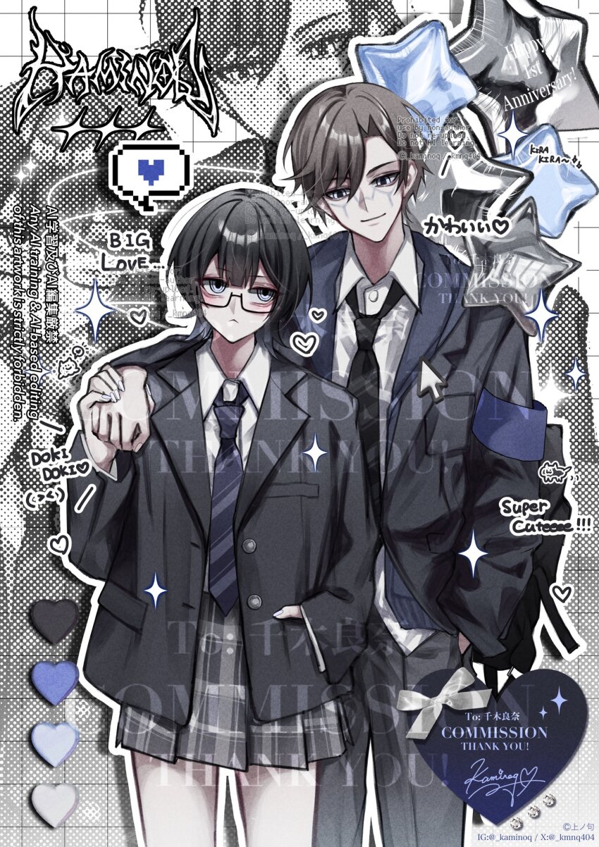 1boy 1girl black_eyes black_hair black_jacket black_necktie black_pants blunt_bangs brown_hair closed_mouth collared_shirt commentary commission cowboy_shot double-parted_bangs grey_skirt highres holding_hands instagram_username jacket kaminoq long_sleeves necktie open_clothes open_jacket original pants parted_bangs plaid_clothes plaid_skirt pleated_skirt purple_necktie shirt short_hair signature skirt smile striped_clothes striped_necktie twitter_username white_shirt