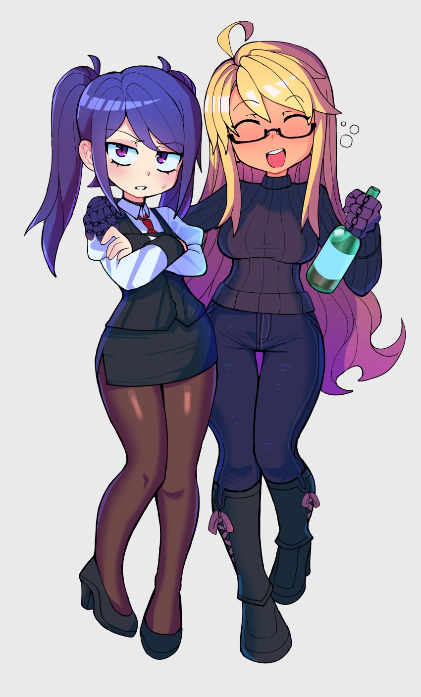2girls absurdres ahoge alcohol alma_armas black-framed_eyewear black_boots black_pants black_pantyhose black_shoes black_skirt black_sweater black_vest blonde_hair blue_hair blush boots bottle breasts brown_pantyhose closed_eyes collared_shirt crossed_arms dark-skinned_female dark_skin glasses grey_background high_heels highres holding holding_bottle jill_stingray knee_boots large_breasts long_hair long_sleeves looking_at_viewer multiple_girls necktie open_mouth pants pantyhose parted_lips purple_eyes red_necktie ribbed_sweater semi-rimless_eyewear shirt shoes simple_background skirt slammo smile sweatdrop sweater teeth twintails under-rim_eyewear upper_teeth_only va-11_hall-a vest white_shirt