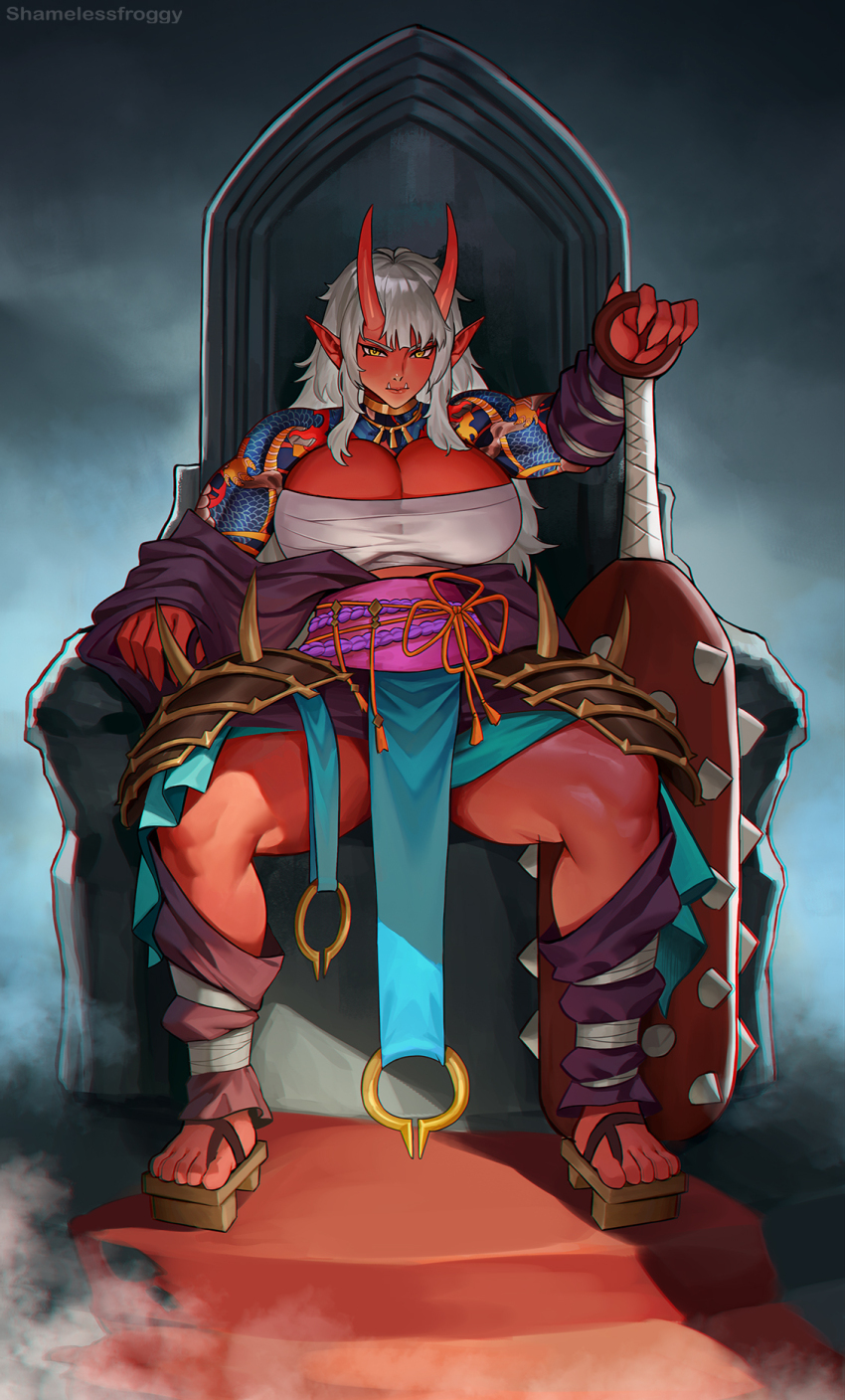 1girl arm_tattoo arm_warmers armor breasts chest_sarashi club club_(weapon) colored_skin commentary commission english_commentary fangs fangs_out geta highres holding holding_weapon horns japanese_armor japanese_clothes jewelry large_breasts long_hair looking_at_viewer muscular muscular_female oni original pointy_ears red_horns red_skin sarashi shamelessfroggy shoulder_tattoo sitting sitting_on_throne solo spiked_club tattoo thigh_armor throne weapon white_hair yellow_eyes