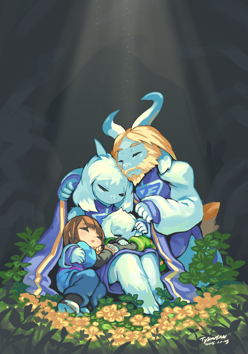 1girl 2015 3boys absurdres animal_ears asgore_dreemurr asriel_dreemurr blonde_hair blue_shirt brown_hair cave cloak closed_eyes digitigrade flower_bed frisk_(undertale) furry goat goat_boy goat_ears goat_girl goat_horns green_shirt highres holding_hands horns hug interlocked_fingers krita_(medium) light_particles long_sleeves multiple_boys on_grass purple_cloak shirt shoes signature toriel tyson_tan undertale utdr_(toby_fox) white_fur