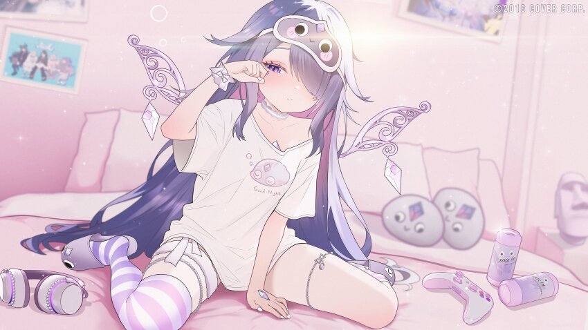 1girl absurdres colored_inner_hair commentary controller detached_wings english_commentary full_body game_controller gem gradient_hair grey_hair hair_over_one_eye highres hololive hololive_english indoors jewel_under_eye koseki_bijou koseki_bijou_(pebble_pajamas) long_hair looking_at_viewer mask mask_on_head multicolored_hair no_pants no_shoes official_alternate_costume official_alternate_hairstyle official_art on_bed pebble_(koseki_bijou) pink_hair purple_eyes purple_gem purple_hair shirt short_sleeves single_thighhigh sitting sk_jynx sleep_mask solo striped_clothes striped_thighhighs t-shirt thighhighs very_long_hair virtual_youtuber white_shirt wings
