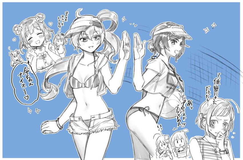 6+girls :d aoba_chika aoba_chika_(swimsuit_costume) ball beachball bikini blue_background border bracelet breasts commentary_request cropped_shirt double_bun eternal_sakura hair_bun hat highres hiroe_chiharu holding holding_ball holding_beachball jewelry long_hair looking_at_another looking_at_viewer magia_record:_mahou_shoujo_madoka_magica_gaiden mahou_shoujo_madoka_magica makino_ikumi makino_ikumi_(swimsuit_costume) midori_ryo midori_ryo_(swimsuit_costume) miyako_hinano miyako_hinano_(swimsuit_costume) multiple_girls natsu_ryoko natsu_ryoko_(swimsuit_costume) navel official_alternate_costume open_mouth outside_border short_hair short_shorts shorts smile standing suzuka_sakuya swimsuit translation_request visor_cap white_border yukishiro_(hitsuji)