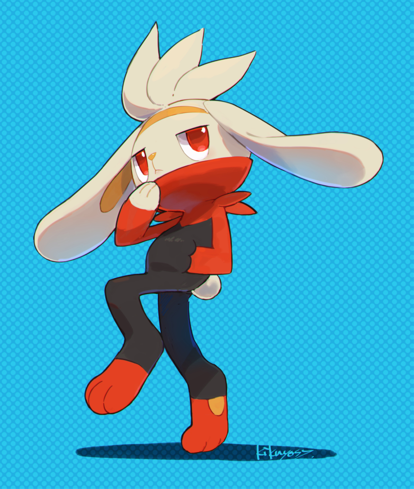 blue_background commentary_request full_body gen_8_pokemon hand_in_pocket hand_up highres kikuyoshi_(tracco) leg_up looking_up nintendo no_humans pokemon pokemon_(creature) pokemon_focus raboot red_eyes signature solo standing standing_on_one_leg toes