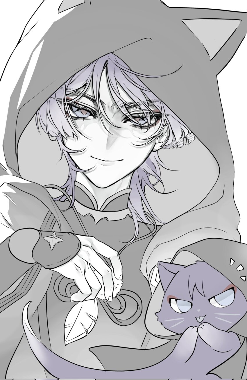 1boy animal_ear_hood animalization armor bishounen black_hood blunt_ends bodysuit cat cloak closed_mouth doll_joints dutch_angle fake_animal_ears feathers fingernails genshin_impact hacwss hand_up highres hood hood_up hooded_cloak japanese_armor jewelry joints kote looking_at_viewer male_focus mandarin_collar muted_color neck_ring notice_lines person_and_animalization pom_pom_(clothes) portrait purple_cat purple_eyes purple_hair red_pupils scaramouche_(cat)_(genshin_impact) scaramouche_(genshin_impact) smile solo string tsurime wispy_bangs