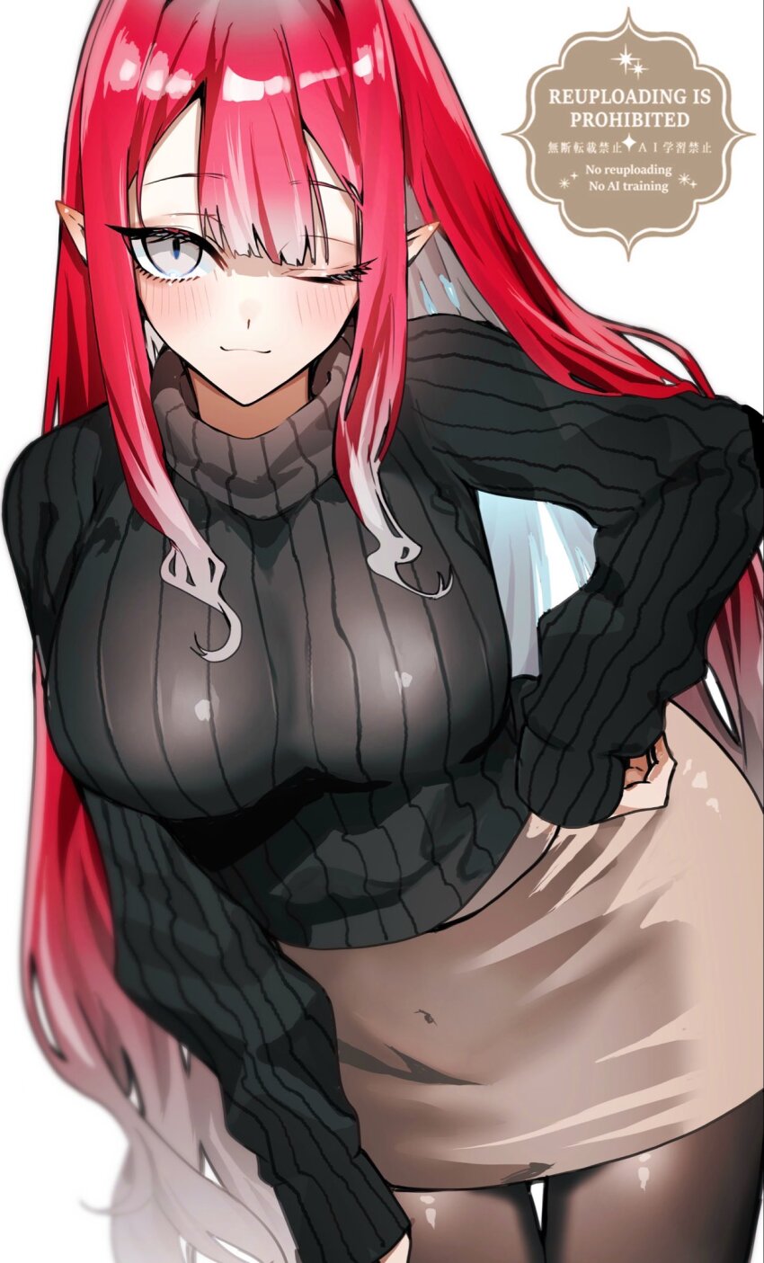 1girl baobhan_sith_(fate) black_sweater blush breasts brown_pantyhose brown_skirt commentary_request fate/grand_order fate_(series) grey_eyes highres kabosoi_mangaka large_breasts long_hair long_sleeves looking_at_viewer pantyhose pencil_skirt pink_hair pointy_ears ribbed_sweater sidelocks skirt smile solo sweater turtleneck turtleneck_sweater