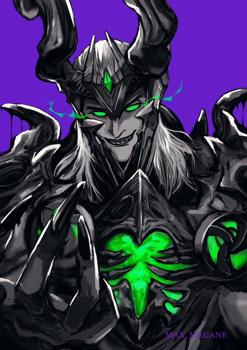 1boy absurdres armor artist_name colored_sclera commentary english_commentary eye_trail fake_horns fingernails gem green_gem green_sclera grin highres horned_headwear horns light_trail loki_(all-butcher)_(marvel) loki_(marvel) long_fingernails long_hair looking_at_viewer male_focus marvel marvel_rivals megane_(0max_megane0) no_pupils official_alternate_costume purple_background sharp_fingernails smile solo spot_color thor_(marvel)_(series) upper_body