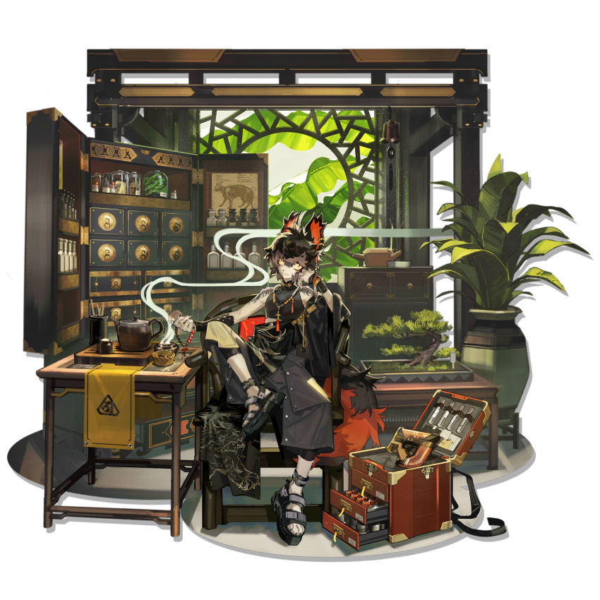 1boy aak_(arknights) aak_(healing_hand_evil_heart)_(arknights) animal_ears arknights bishounen black_hair black_pants black_sandals black_shirt cabinet cat_boy cat_ears chair cigarette cup drawer full_body highres holding indoors jar jewelry kettle kuroblood looking_at_viewer male_focus multicolored_hair official_alternate_costume official_art pants plant potted_plant sandals shelf shirt short_hair sitting smoke smoking smoking_pipe solo steam table tail teapot transparent_background vase yellow_eyes
