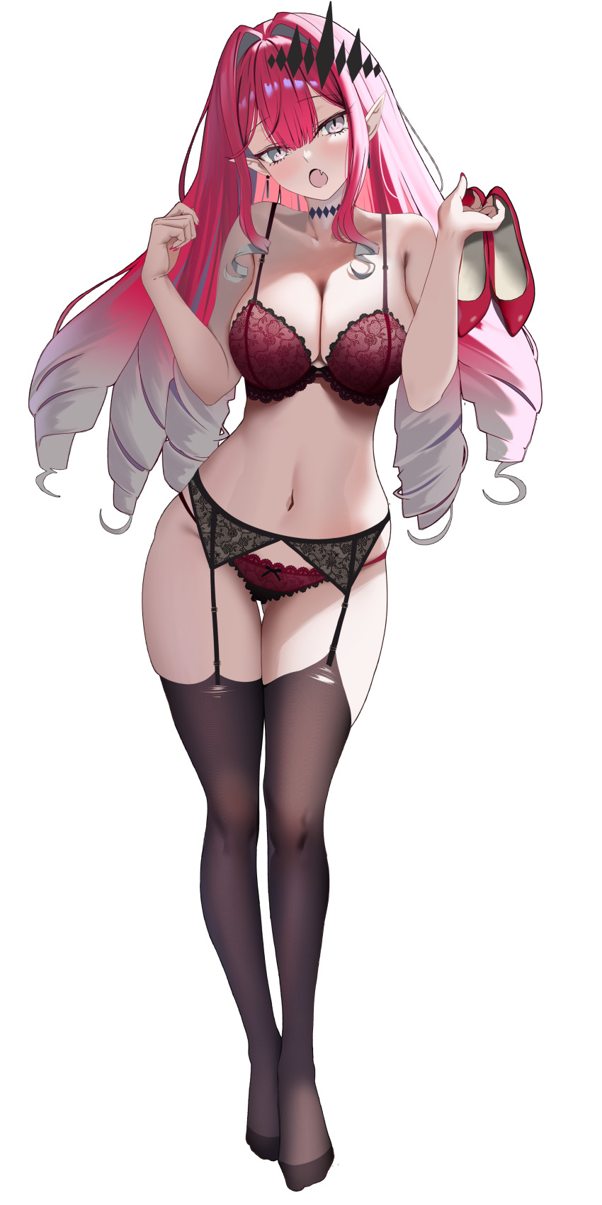 1girl absurdres baobhan_sith_(fate) bare_shoulders black_panties blush bra breasts cleavage commentary_request earrings fate/grand_order fate_(series) full_body garter_belt grey_eyes highres jewelry large_breasts long_hair looking_at_viewer mishiro_(ixtlolton) navel open_mouth panties pink_hair pointy_ears red_nails shoes sidelocks simple_background solo standing tiara underwear underwear_only white_background