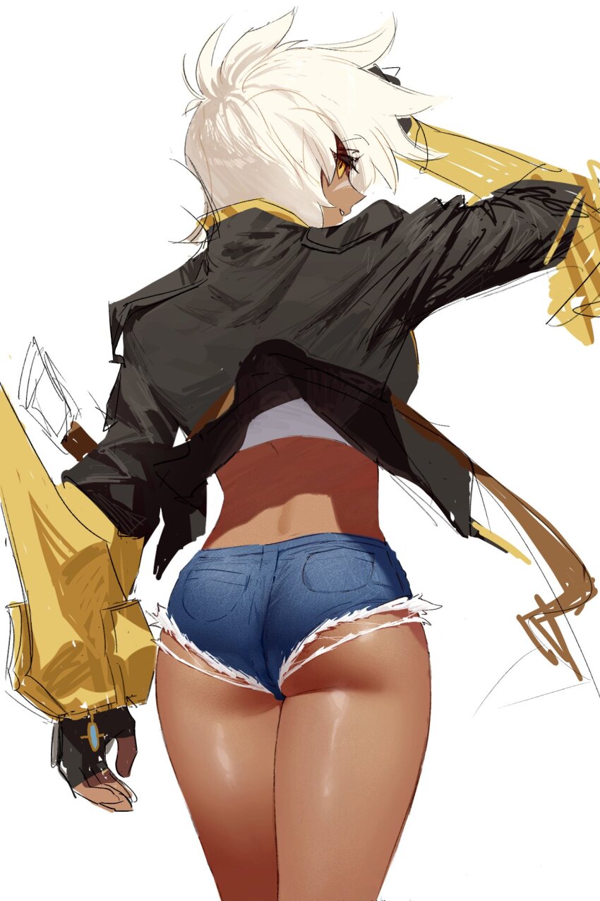 1girl ass black_jacket blazblue bullet_(blazblue) cowboy_shot dafvkydbwep dark-skinned_female dark_skin denim denim_shorts from_behind gauntlets grey_hair hashtag-only_commentary highres jacket short_hair shorts simple_background sketch solo white_background yellow_eyes