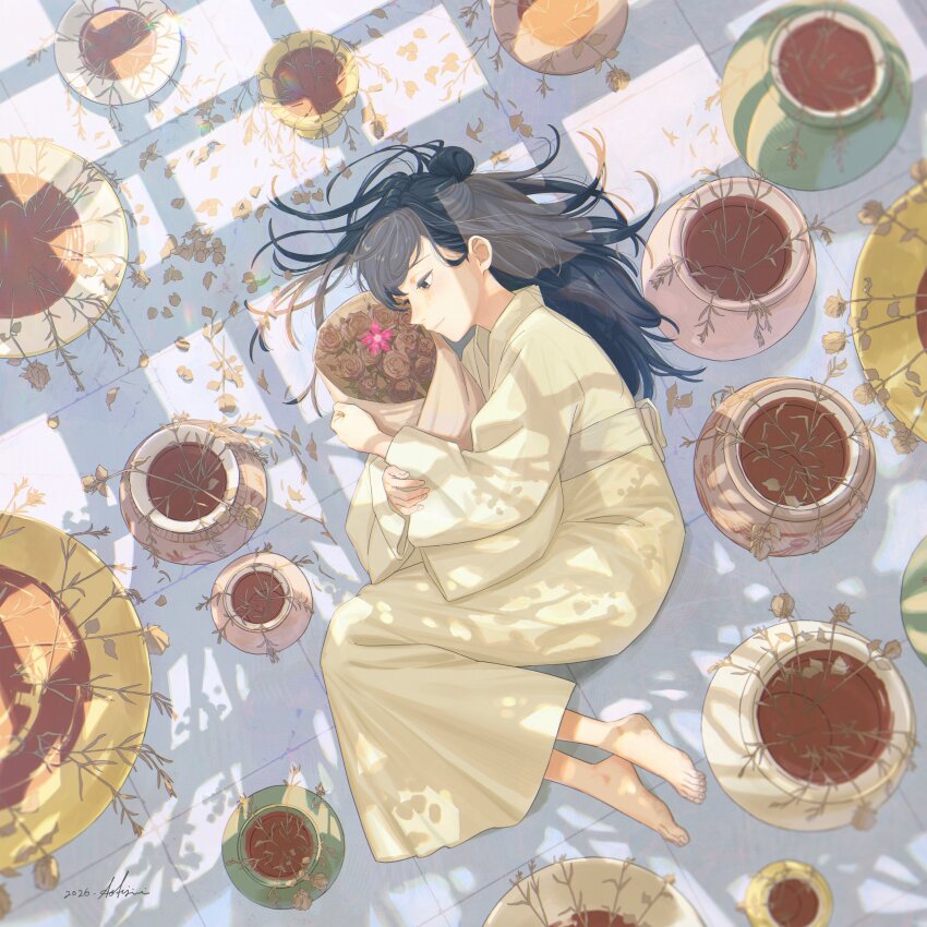 1girl absurdres album_cover ao_fujimori barefoot black_eyes black_hair bouquet commentary_request cover crying crying_with_eyes_open dead_plants flower full_body hair_bun half_updo highres hugging_object japanese_clothes kimono light_smile long_hair lying mili_(band) obi official_art on_floor on_side plant potted_plant saikai_(mili) sash signature solo tears wide_sleeves wilted_flower yellow_kimono yellow_sash