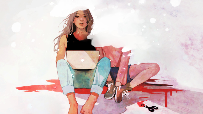 2girls angela_he barefoot black_shirt blood brown_eyes brown_hair censored censored_identity computer denim denim_shorts facing_viewer feet_up freckles full_body highres implied_self-harm jeans knees_apart_feet_together laptop long_hair looking_at_viewer missed_messages multiple_girls non-web_source official_art pants parted_lips pink_sweater pool_of_blood scissors shirt shirt_tucked_in shorts sitting sweater tank_top