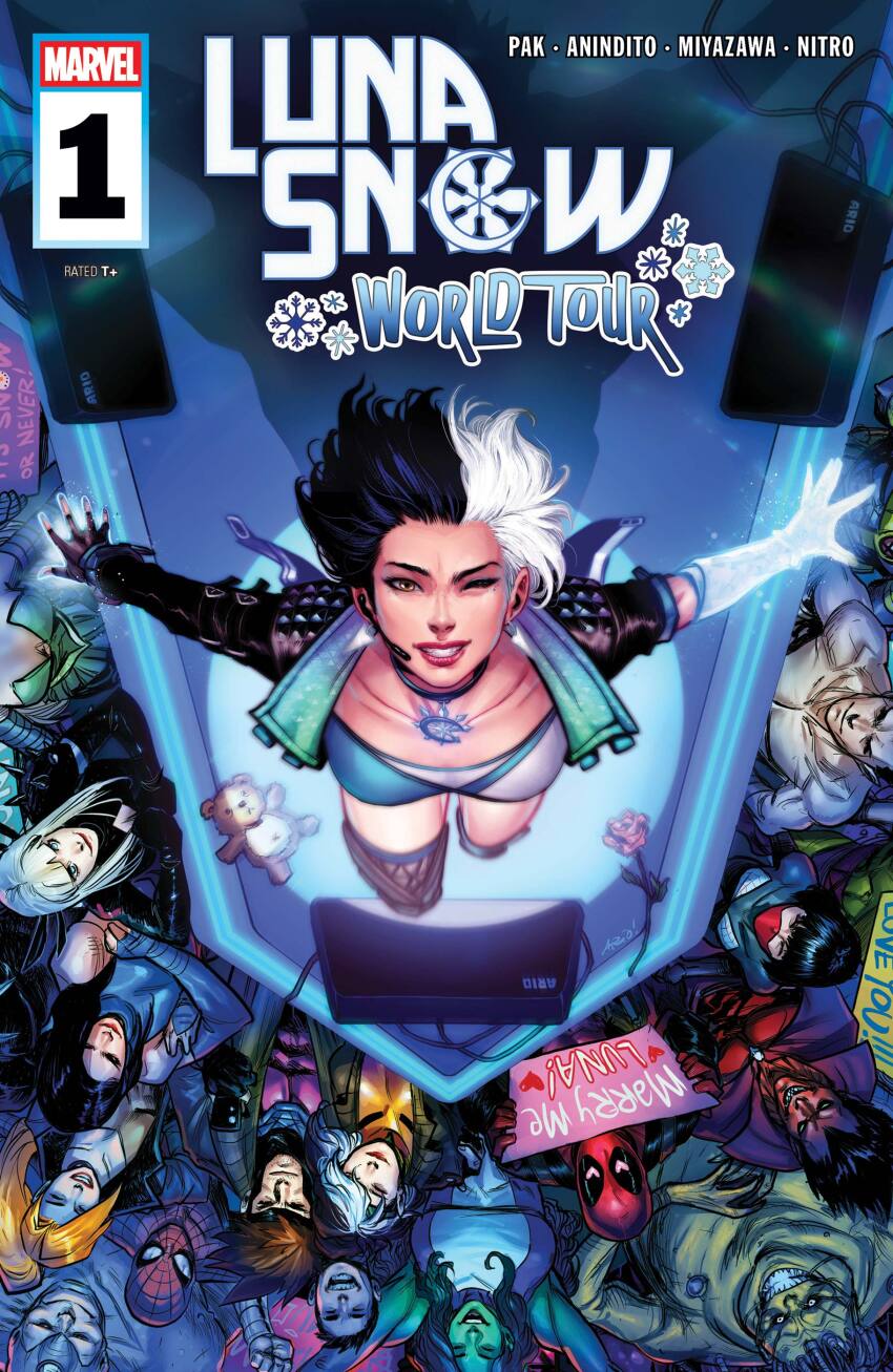 6+boys 6+girls absurdres ario_anindito armor black_choker black_hair blonde_hair blunt_bangs bodysuit brown_eyes brown_hair character_logo character_name character_request choker cindy_moon colored_skin comic_cover concert copyright_logo copyright_name cover cover_page cyclops_(x-men) deadpool deadpool_(series) demon_boy elsa_bloodstone enchantress_(marvel) english_text flower from_above gambit green_skin grin head_out_of_frame heart heart-shaped_eyes highres holding holding_sign husband_and_wife jacket logo luna_snow magik_(x-men) marvel mask mephisto_(marvel) monster_boy multicolored_hair multiple_boys multiple_girls muscular muscular_female muscular_male namor official_art one_eye_closed orange_hair pauldrons ponytail psylocke red_flower red_rose red_skin rhino_(marvel) rogue_(x-men) rose she-hulk short_hair shoulder_armor sign silk_(marvel) smile spider-man spider-man_(series) spiked_pauldrons spikes split-color_hair stage stuffed_animal stuffed_toy superhero_costume teddy_bear thor_(marvel)_(series) topless_male white_hair wireless_microphone wolverine_(x-men) x-men