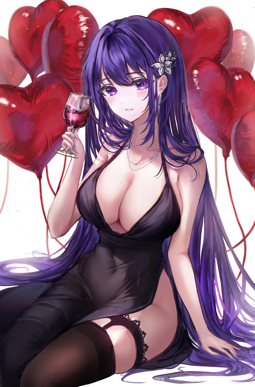 1girl absurdres at_congju bad_id bad_pixiv_id balloon black_dress black_thighhighs breasts cleavage covered_navel cup dress drinking_glass genshin_impact hair_behind_ear hair_ornament heart_balloon highres holding holding_cup invisible_chair jewelry large_breasts long_hair looking_down necklace parted_lips purple_hair raiden_shogun side_slit simple_background sitting skindentation smile solo thighhighs very_long_hair white_background wine_glass