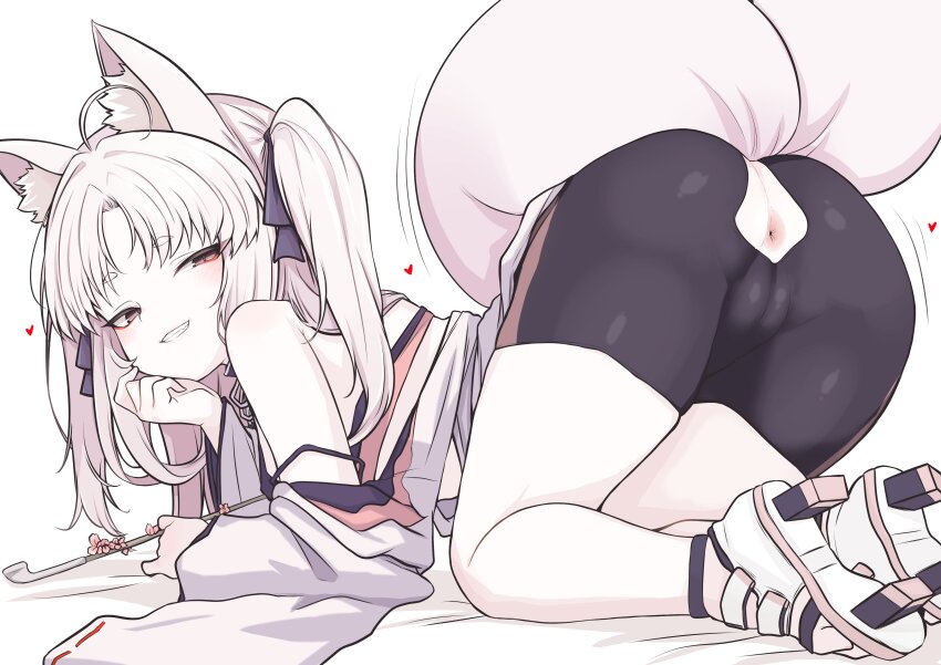 1girl absurdres all_fours animal_ear_fluff animal_ears anus anus_cutout ass bike_shorts black_shorts blue_archive commentary_request eyeshadow fox_ears fox_girl fox_tail geta grey_eyes halo heart highres holding holding_smoking_pipe kokechan kuzunoha_(blue_archive) looking_at_viewer looking_back makeup multiple_tails parted_bangs pink_halo red_eyeshadow shorts smile smoking_pipe tail two_side_up two_tails