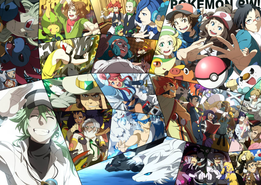10s 6+boys 6+girls absolutely_everyone adventure_kajiya04 alder_(pokemon) professor_juniper bad_id bad_pixiv_id baseball_cap beartic bianca_(pokemon) blonde_hair blue_hair book bow bowtie brown_hair brycen_(pokemon) burgh_(pokemon) caitlin_(pokemon) cedric_juniper chandelure cheren_(pokemon) chili_(pokemon) cilan_(pokemon) clay_(pokemon) conkeldurr copyright_name cress_(pokemon) cynthia_(pokemon) dark_skin drayden_(pokemon) elesa_(pokemon) elite_four emmet_(pokemon) everyone excadrill fennel_(pokemon) galvantula garbodor gen_3_pokemon gen_5_pokemon ghetsis_(pokemon) gloves green_hair grimsley_(pokemon) grin gym_leader hat haxorus headphones hilbert_(pokemon) hilda_(pokemon) hydreigon ingo_(pokemon) iris_(pokemon) leavanny legendary_pokemon lenora_(pokemon) looker_(pokemon) marshal_(pokemon) mask metagross mibu_hajime minccino multiple_boys multiple_girls musharna n_(pokemon) nintendo one_eye_closed oshawott panpour pansage pansear peaked_cap poke_ball poke_ball_(basic) pokemon pokemon_(creature) pokemon_bw red_hair reshiram shauntal_(pokemon) siblings skyla_(pokemon) smile snivy sparkle starter_pokemon_trio swanna team_plasma team_plasma_grunt tepig traditional_bowtie twins volcarona watchog wink zebstrika zekrom