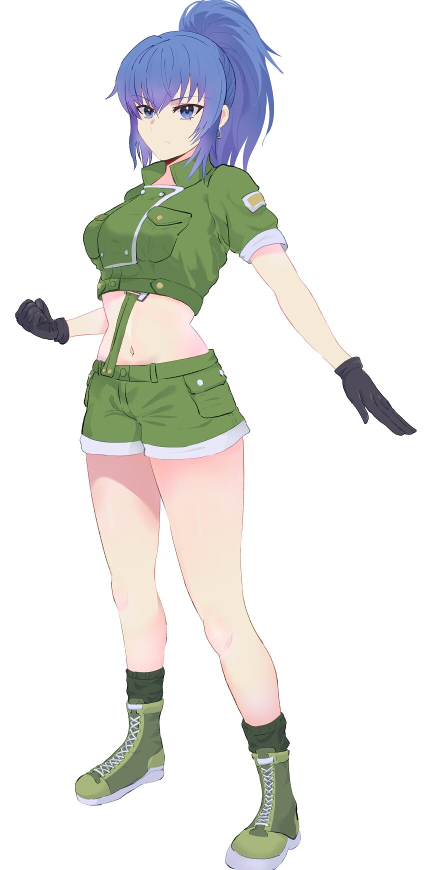 1girl absurdres black_gloves blue_eyes blue_hair boots collared_shirt combat_boots commentary_request gloves green_jacket highres jacket leona_heidern midriff musuhi navel ponytail shirt short_sleeves shorts soldier solo stomach suspenders the_king_of_fighters the_king_of_fighters_xv