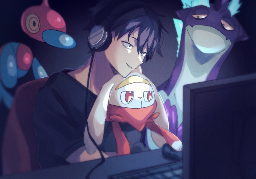 1boy at_computer bandana black_eyes black_hair black_shirt commentary computer computer_keyboard computer_mouse crossover dark_background gen_4_pokemon gen_8_pokemon gradient_background hair_between_eyes headphones highres kagerou_project kisaragi_shintarou looking_at_screen looking_at_viewer male_focus mokemoke_chan monitor nintendo parted_lips pokemon pokemon_(creature) porygon-z raboot red_bandana red_eyes shirt short_hair short_sleeves smile symbol-only_commentary t-shirt toxtricity toxtricity_(low_key) upper_body