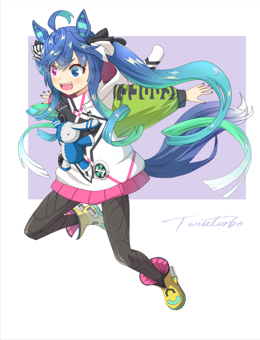 1girl ahoge animal_ears animal_hood aqua_hair black_jacket black_nails black_pants blue_eyes blue_hair blunt_ends blush boots character_name clothes_writing commentary_request crossed_bangs full_body gradient_hair green_hair green_sleeves haniwa_(leaf_garden) heterochromia highres hood hood_down hooded_jacket horse_ears horse_girl horse_tail jacket jumping long_hair long_sidelocks long_sleeves multicolored_hair multicolored_jacket nail_polish outstretched_arms pants pink_sleeves purple_eyes rabbit_hood raglan_sleeves sharp_teeth sidelocks solo stuffed_animal stuffed_rabbit stuffed_toy tail teeth twin_turbo_(blast_mode!_turbo_engine)_(umamusume) twin_turbo_(umamusume) twintails umamusume upper_teeth_only v-shaped_eyebrows very_long_hair white_jacket yellow_boots