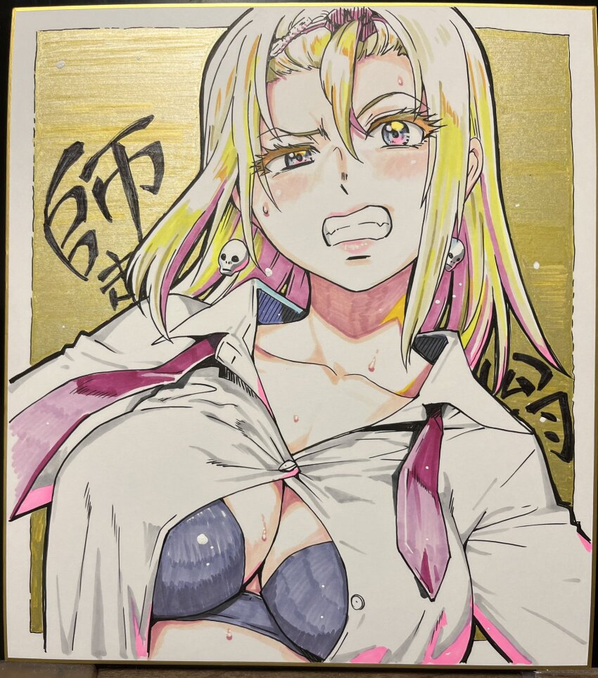 blonde_hair blue_bra blue_eyes bra breasts cleavage commentary_request earrings grin gyaru highres jewelry kizaki_caldina large_breasts long_hair looking_at_viewer open_clothes open_shirt peace_hame peace_hame scrunchie shikishi shiwasu_no_okina signed skull_earrings smile sweat tagme traditional_media underwear