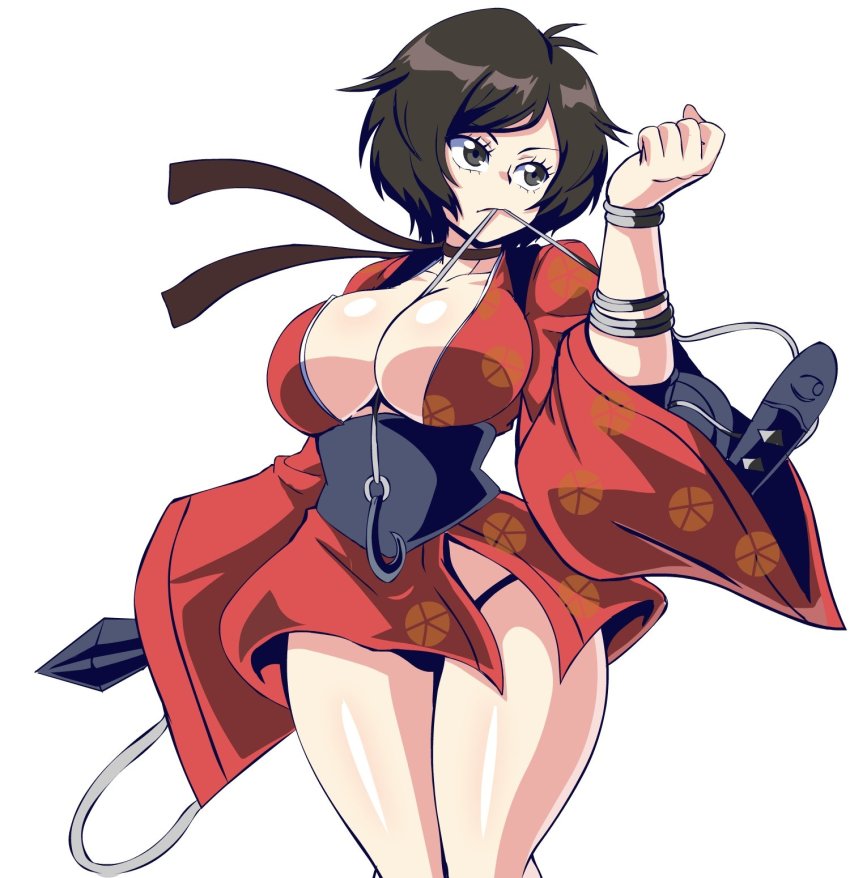 1girl between_breasts black_eyes black_hair black_panties breasts choker cleavage commentary english_commentary female_focus hidden_weapon highres hook japanese_clothes kimono kurenai_(red_ninja:_end_of_honor) large_breasts lewdamone looking_afar mouth_hold ninja no_bra open_clothes open_kimono panties pantyshot red_kimono red_ninja:_end_of_honor ribbon_choker rope sash short_hair short_kimono solo standing underwear white_background wide_sleeves