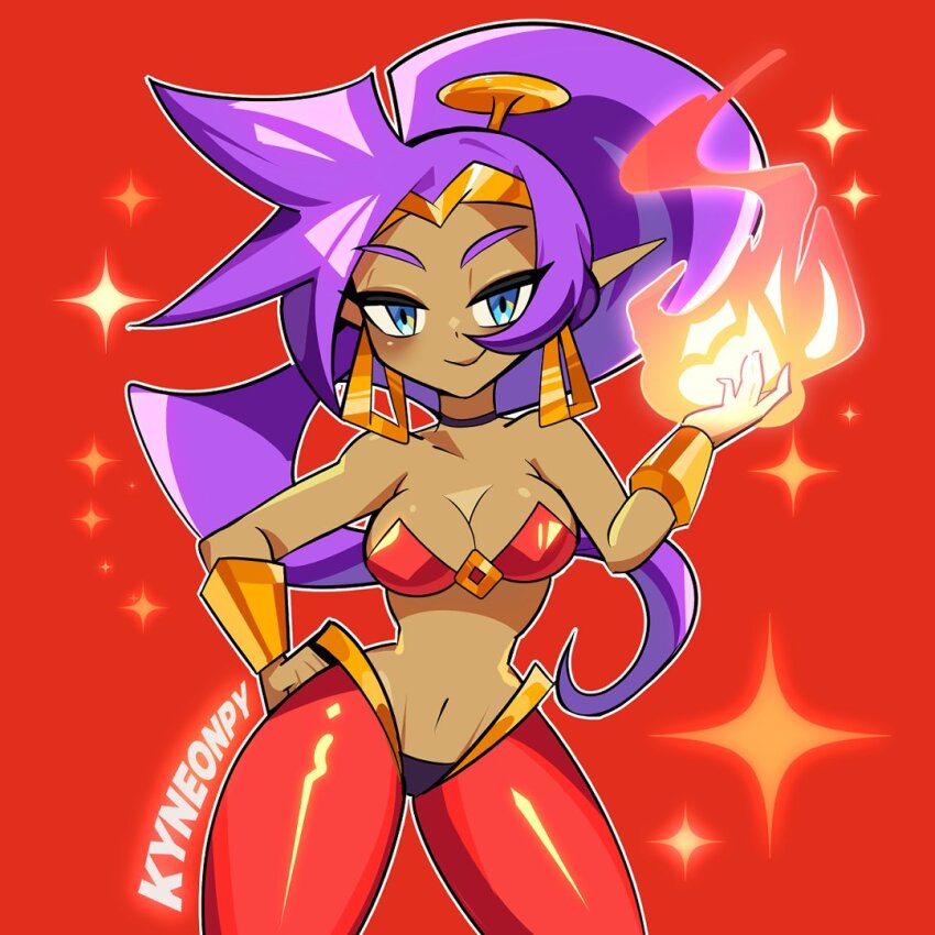 1girl 2025 armpits artist_name bare_shoulders blue_eyes blush bra breasts character_name cleavage closed_mouth collarbone commentary contrapposto dark-skinned_female dark_skin dot_nose earrings english_commentary female_focus fire gold_choker groin half-closed_eyes hand_on_own_hip happy harem_outfit harem_pants jewelry knee_up kyneonpy large_breasts legs_apart long_hair looking_at_viewer magic midriff navel open_hand open_hands open_mouth pants pointy_ears purple_hair pyrokinesis red_background red_bra red_pants shantae shantae_(series) shiny_skin simple_background smile solo sparkle standing standing_on_one_leg strapless thick_thighs thighs tiara title tube_top underwear v-shaped_eyebrows vambraces very_long_hair wayforward