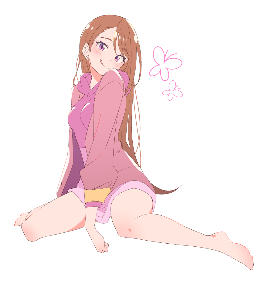 1girl :q absurdres asymmetrical_bangs barefoot brown_hair bug butterfly closed_mouth commentary earrings eitopondo highres hijiri_ageha hirogaru_sky!_precure hood hood_down hoodie insect jacket jewelry licking_lips long_hoodie long_sleeves looking_at_viewer open_clothes open_jacket pink_hoodie pink_jacket precure purple_eyes simple_background sitting smile solo stud_earrings tongue tongue_out wariza white_background