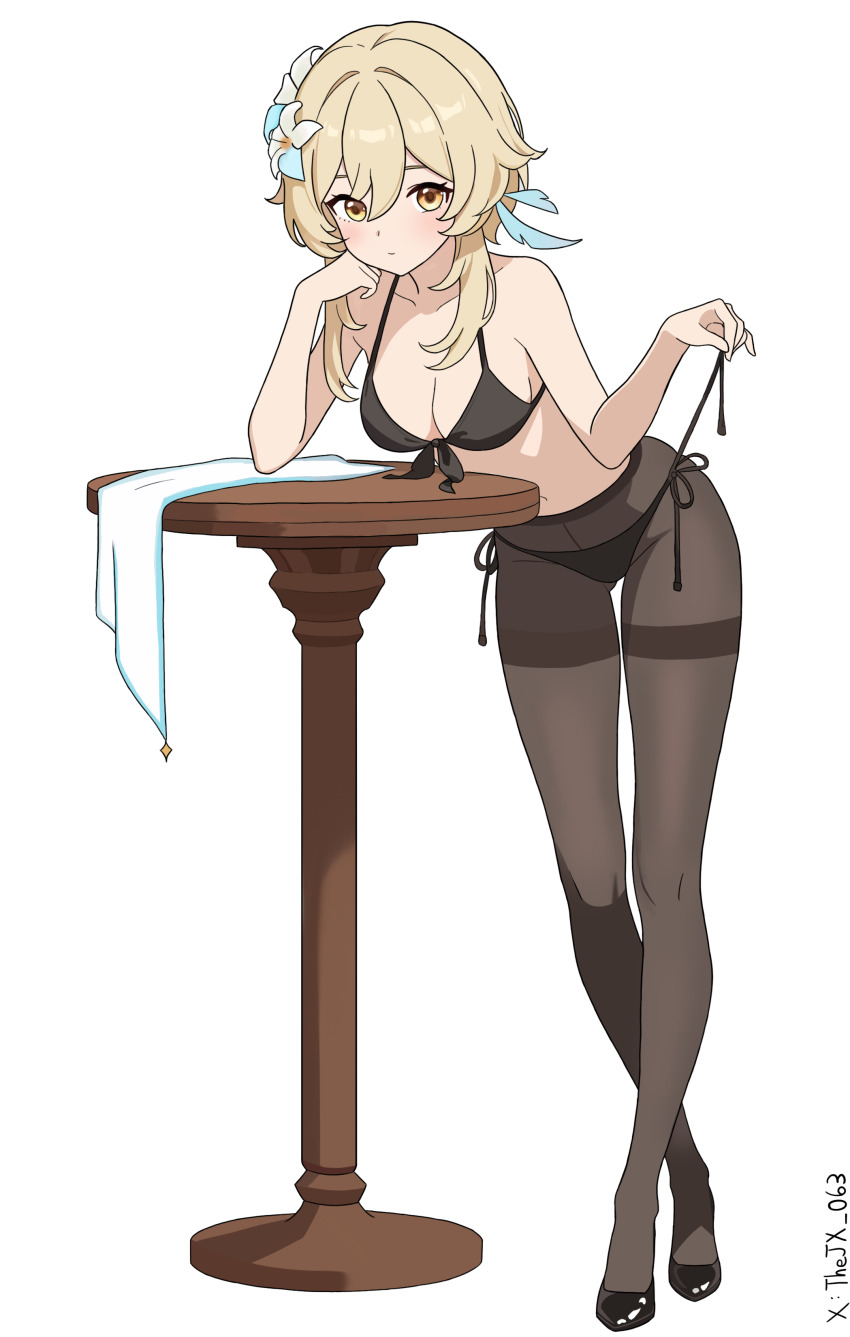 1girl absurdres artist_name bikini black_bikini black_shoes blonde_hair blue_feathers breasts brown_pantyhose cleavage commentary feather_hair_ornament feathers flower front-tie_bikini_top front-tie_top full_body genshin_impact hair_flower hair_ornament highres lumine_(genshin_impact) medium_breasts pantyhose pantyhose_under_swimsuit shoes short_hair side-tie_bikini_bottom sidelocks simple_background solo standing swimsuit table thejx_063 thighband_pantyhose white_background white_flower yellow_eyes