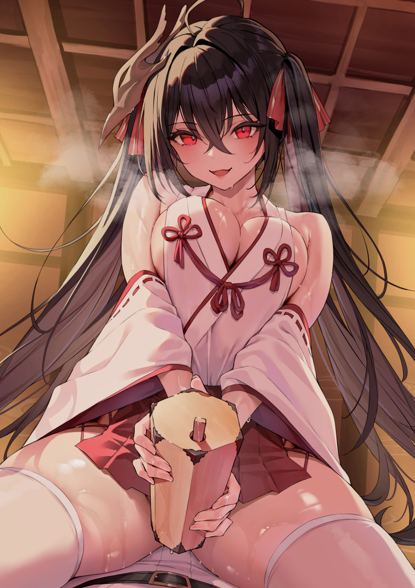 1girl absurdres alternate_costume azur_lane bare_shoulders black_hair blush breasts classic_(zildjian33) commentary english_commentary girl_on_top hair_between_eyes highres japanese_clothes large_breasts long_hair looking_at_viewer mask mask_on_head miko mixed-language_commentary open_mouth pov red_eyes red_skirt skirt smile solo_focus taihou_(azur_lane) thighhighs thighs white_thighhighs wide_sleeves