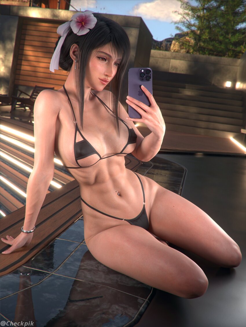1girl 3d abs absurdres alternate_costume bikini black_bikini black_hair bracelet breasts cellphone checkpik closed_mouth earrings final_fantasy final_fantasy_vii final_fantasy_vii_remake flower hair_bun hair_flower hair_ornament hand_up highres holding holding_phone iphone jewelry medium_breasts navel_piercing on_ground phone piercing red_eyes red_lips selfie single_hair_bun sitting smartphone smile solo stomach swimsuit thighs tifa_lockhart toned toned_female twitter_username yokozuwari