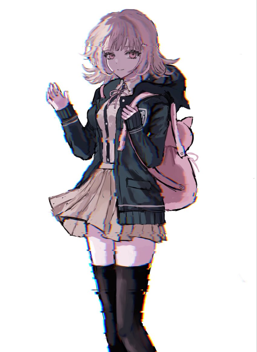 1girl animal_bag breasts brown_hair cat_bag collared_shirt commentary_request danganronpa_(series) danganronpa_2:_goodbye_despair feet_out_of_frame flipped_hair hair_ornament highres hood jacket long_sleeves looking_at_viewer medium_hair nanami_chiaki neck_ribbon open_clothes open_jacket pink_bag pink_eyes pink_ribbon pleated_skirt ribbon rom9461 shirt skirt solo thighhighs white_shirt
