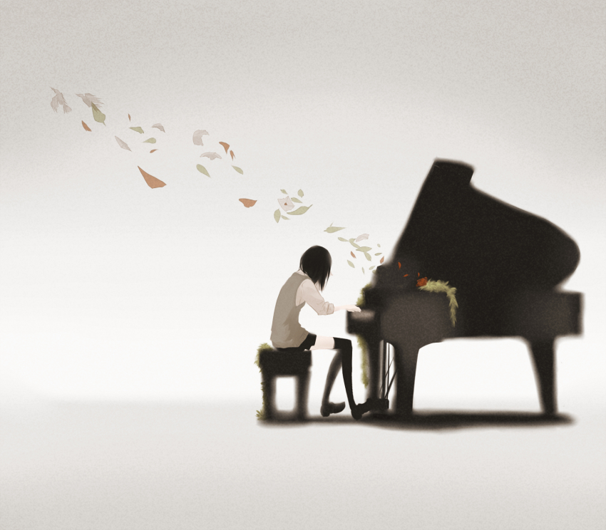 1girl black_hair black_skirt black_thighhighs blurry depth_of_field envelope grand_piano green_sweater_vest highres instrument miniskirt music original over-kneehighs piano playing_instrument playing_piano pleated_skirt school_uniform shirt short_hair skirt sleeves_rolled_up solo sweater_vest thighhighs three-quarter_sleeves white_shirt yukitake_(bullfalk)