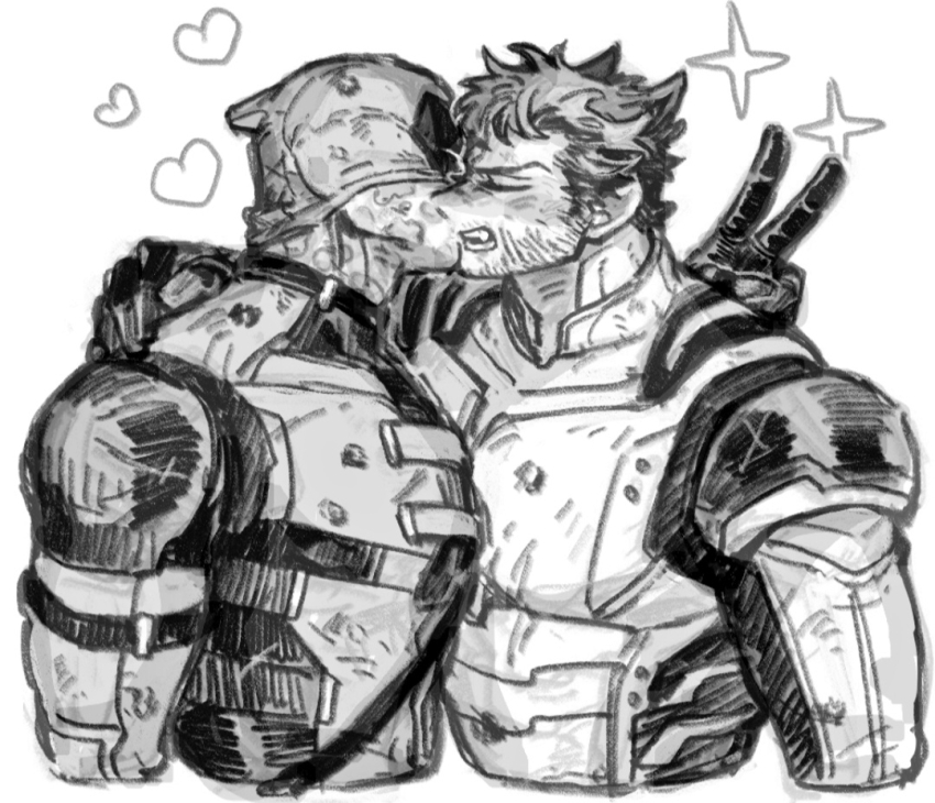 2boys animification armor belt bodysuit closed_eyes commentary deadpool deadpool_&amp;_wolverine deadpool_(series) dishing facial_hair fang gloves greyscale hand_up heart kiss kissing_cheek leather leather_gloves male_focus marvel mask monochrome multicolored_bodysuit multiple_boys open_mouth scar scar_on_face short_hair shoulder_armor simple_background sparkle superhero_costume symbol-only_commentary teeth two-tone_bodysuit upper_body v v-shaped_eyebrows wolverine_(x-men) x-men yaoi